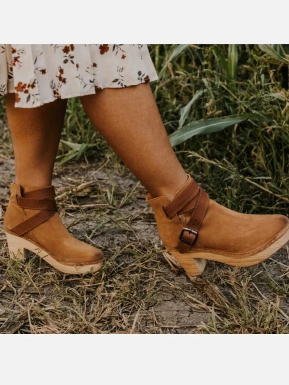 Free People Bungalow Wooden Clog Ankle Boot Strap Suede Sand Sz 39